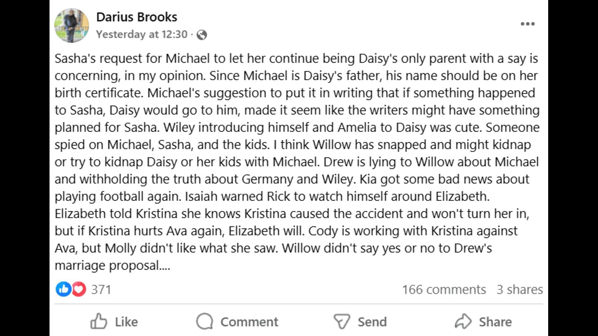 A Facebook post about Sasha's storyline (Image via Facebook/General Hospital Fans - Official)